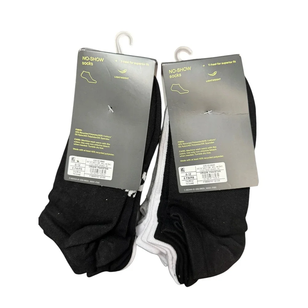 All In Motion Mens No-Show Socks 12 Pairs Black Gray White Shoe Size 8-12 2 Pack